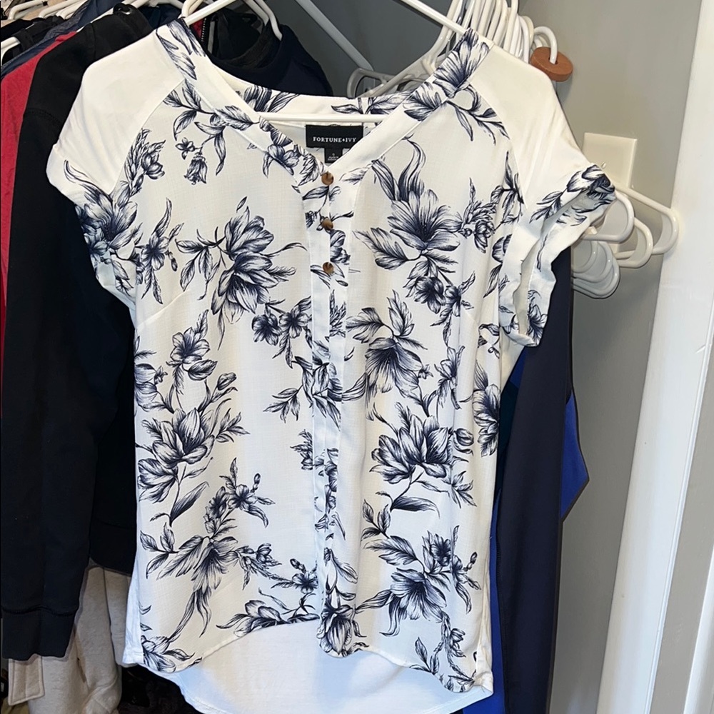 Floral Print White and Navy Top